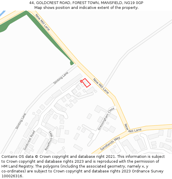 44, GOLDCREST ROAD, FOREST TOWN, MANSFIELD, NG19 0GP: Location map and indicative extent of plot