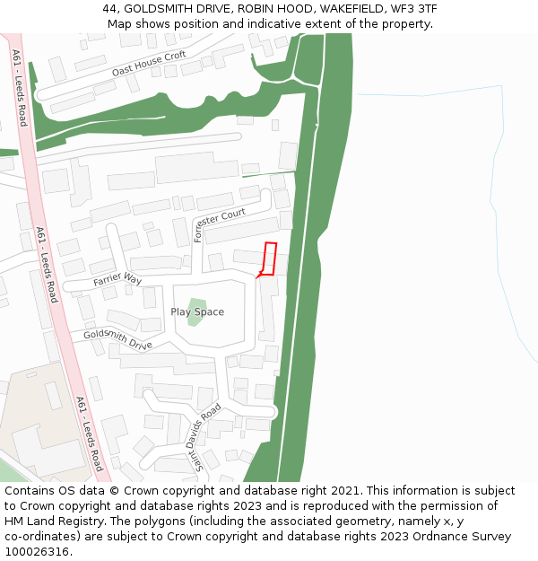 44, GOLDSMITH DRIVE, ROBIN HOOD, WAKEFIELD, WF3 3TF: Location map and indicative extent of plot