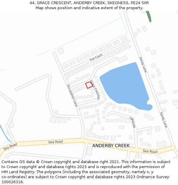 44, GRACE CRESCENT, ANDERBY CREEK, SKEGNESS, PE24 5XR: Location map and indicative extent of plot