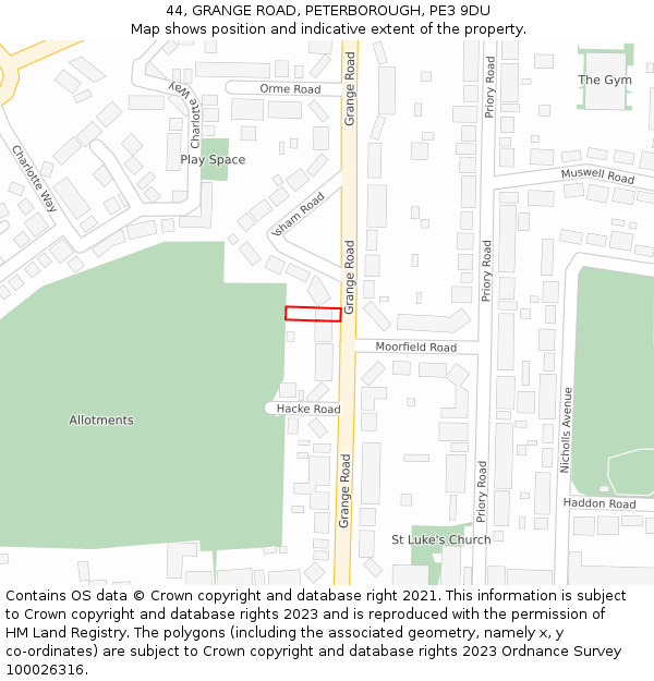 44, GRANGE ROAD, PETERBOROUGH, PE3 9DU: Location map and indicative extent of plot