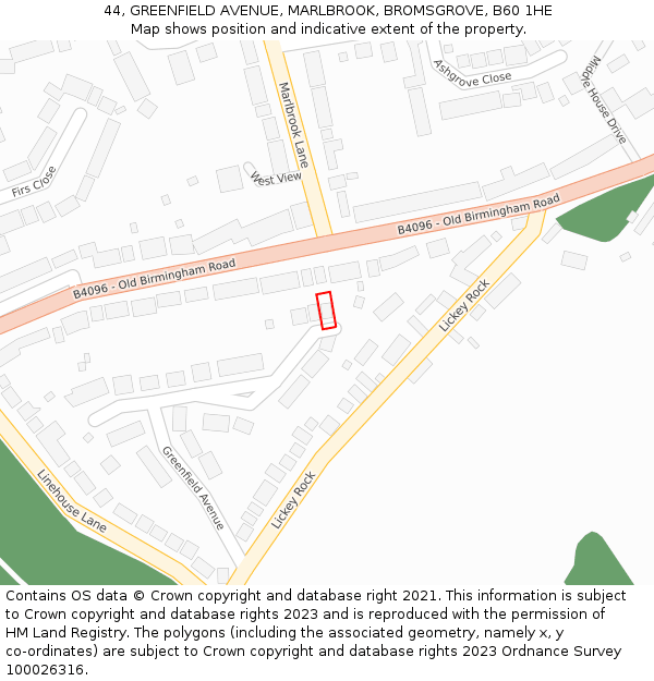 44, GREENFIELD AVENUE, MARLBROOK, BROMSGROVE, B60 1HE: Location map and indicative extent of plot