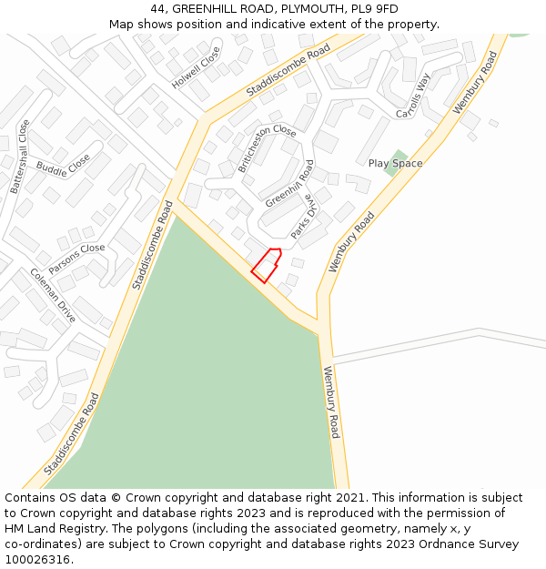 44, GREENHILL ROAD, PLYMOUTH, PL9 9FD: Location map and indicative extent of plot