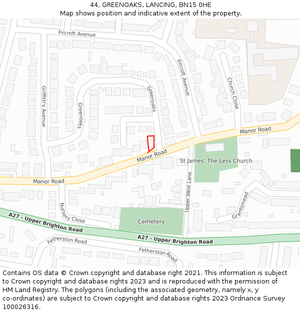 44, GREENOAKS, LANCING, BN15 0HE: Location map and indicative extent of plot