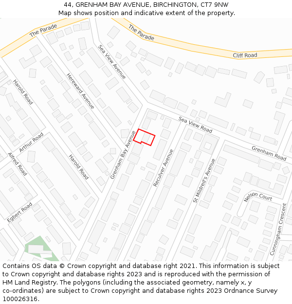 44, GRENHAM BAY AVENUE, BIRCHINGTON, CT7 9NW: Location map and indicative extent of plot