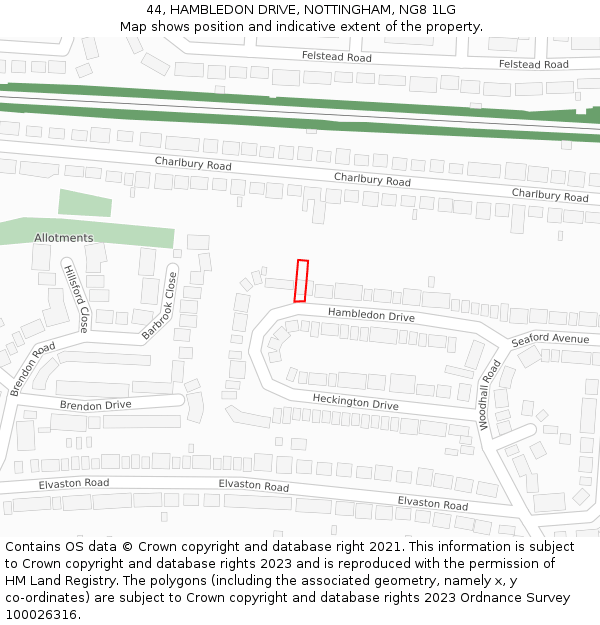 44, HAMBLEDON DRIVE, NOTTINGHAM, NG8 1LG: Location map and indicative extent of plot