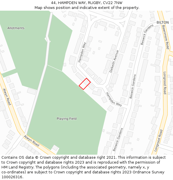 44, HAMPDEN WAY, RUGBY, CV22 7NW: Location map and indicative extent of plot