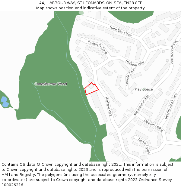 44, HARBOUR WAY, ST LEONARDS-ON-SEA, TN38 8EP: Location map and indicative extent of plot