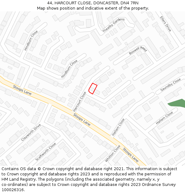 44, HARCOURT CLOSE, DONCASTER, DN4 7RN: Location map and indicative extent of plot