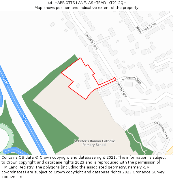 44, HARRIOTTS LANE, ASHTEAD, KT21 2QH: Location map and indicative extent of plot