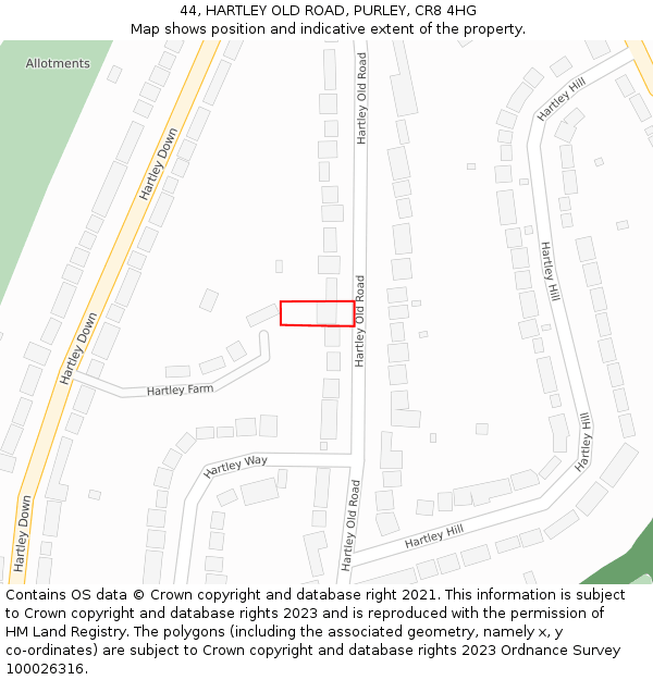 44, HARTLEY OLD ROAD, PURLEY, CR8 4HG: Location map and indicative extent of plot