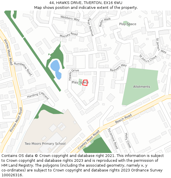 44, HAWKS DRIVE, TIVERTON, EX16 6WU: Location map and indicative extent of plot