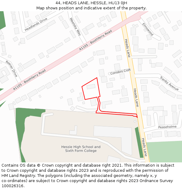 44, HEADS LANE, HESSLE, HU13 0JH: Location map and indicative extent of plot