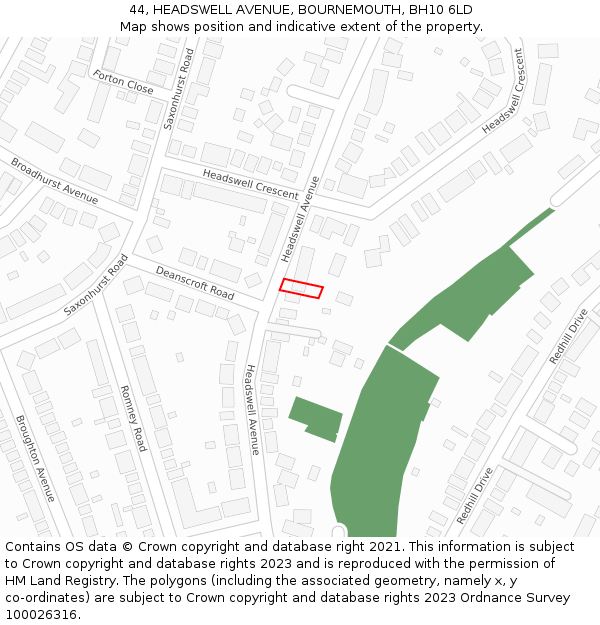 44, HEADSWELL AVENUE, BOURNEMOUTH, BH10 6LD: Location map and indicative extent of plot