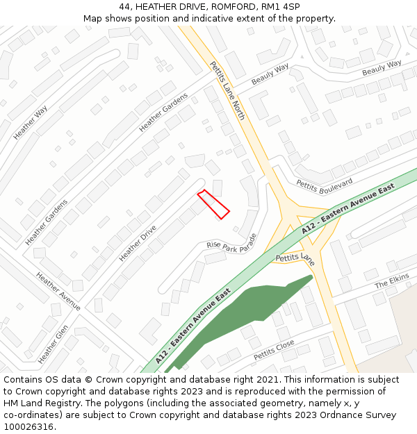 44, HEATHER DRIVE, ROMFORD, RM1 4SP: Location map and indicative extent of plot