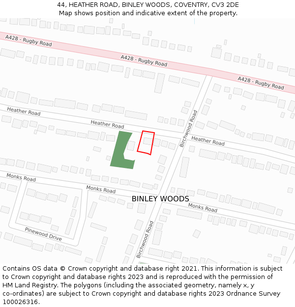 44, HEATHER ROAD, BINLEY WOODS, COVENTRY, CV3 2DE: Location map and indicative extent of plot