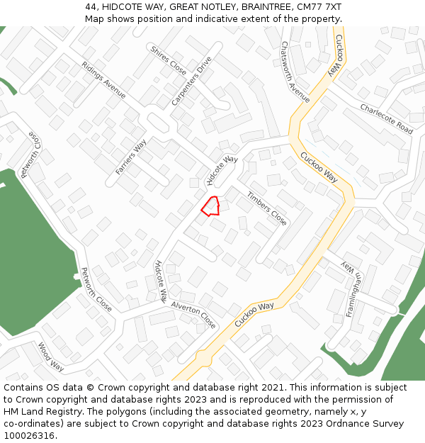 44, HIDCOTE WAY, GREAT NOTLEY, BRAINTREE, CM77 7XT: Location map and indicative extent of plot