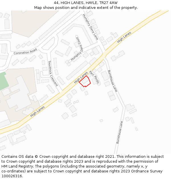 44, HIGH LANES, HAYLE, TR27 4AW: Location map and indicative extent of plot