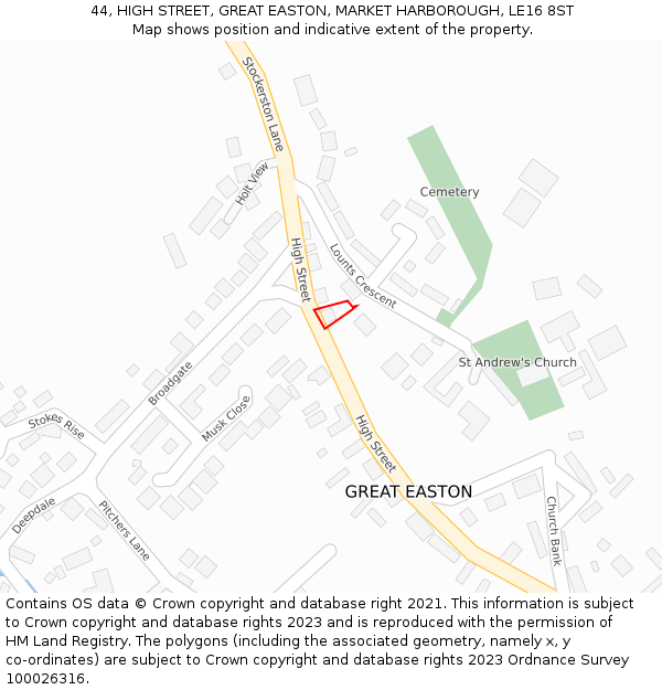 44, HIGH STREET, GREAT EASTON, MARKET HARBOROUGH, LE16 8ST: Location map and indicative extent of plot