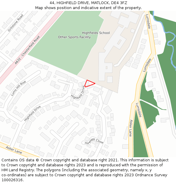 44, HIGHFIELD DRIVE, MATLOCK, DE4 3FZ: Location map and indicative extent of plot