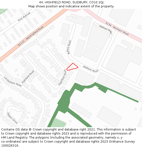 44, HIGHFIELD ROAD, SUDBURY, CO10 2QJ: Location map and indicative extent of plot