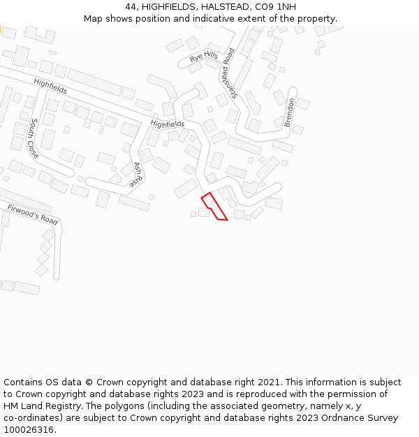 44, HIGHFIELDS, HALSTEAD, CO9 1NH: Location map and indicative extent of plot