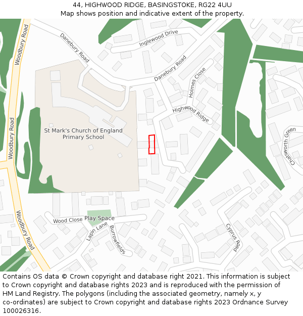 44, HIGHWOOD RIDGE, BASINGSTOKE, RG22 4UU: Location map and indicative extent of plot