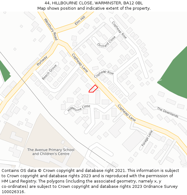 44, HILLBOURNE CLOSE, WARMINSTER, BA12 0BL: Location map and indicative extent of plot