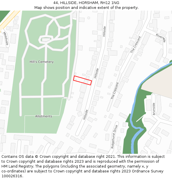 44, HILLSIDE, HORSHAM, RH12 1NG: Location map and indicative extent of plot