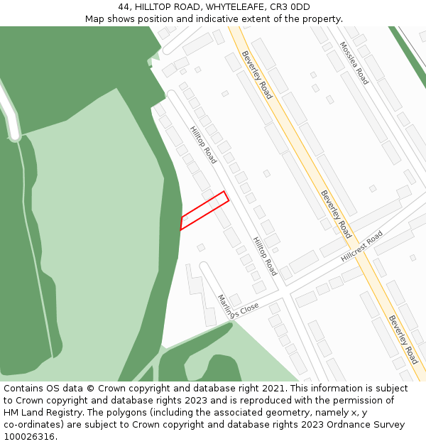 44, HILLTOP ROAD, WHYTELEAFE, CR3 0DD: Location map and indicative extent of plot