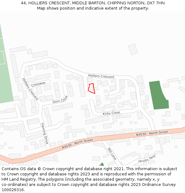 44, HOLLIERS CRESCENT, MIDDLE BARTON, CHIPPING NORTON, OX7 7HN: Location map and indicative extent of plot