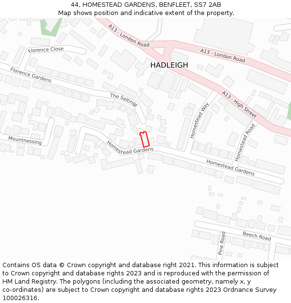 44, HOMESTEAD GARDENS, BENFLEET, SS7 2AB: Location map and indicative extent of plot