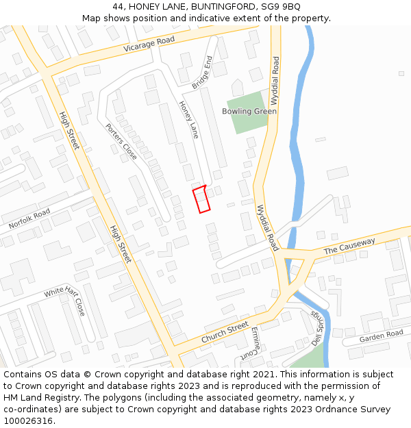 44, HONEY LANE, BUNTINGFORD, SG9 9BQ: Location map and indicative extent of plot