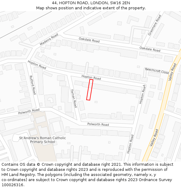 44, HOPTON ROAD, LONDON, SW16 2EN: Location map and indicative extent of plot