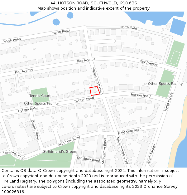 44, HOTSON ROAD, SOUTHWOLD, IP18 6BS: Location map and indicative extent of plot