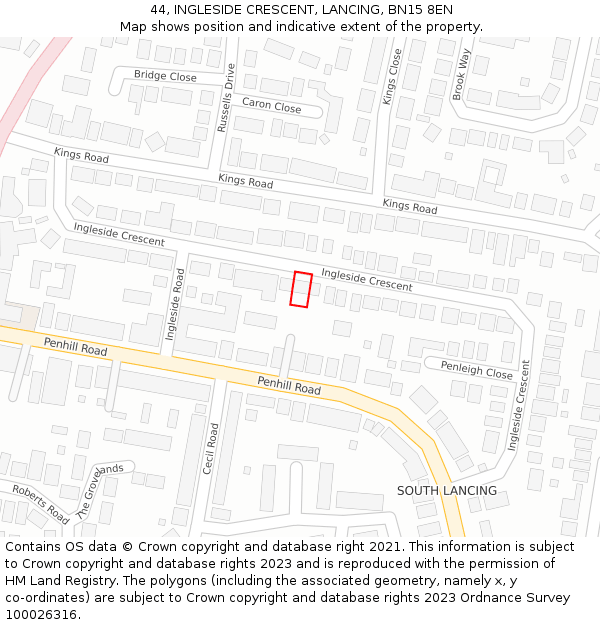 44, INGLESIDE CRESCENT, LANCING, BN15 8EN: Location map and indicative extent of plot