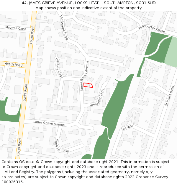 44, JAMES GRIEVE AVENUE, LOCKS HEATH, SOUTHAMPTON, SO31 6UD: Location map and indicative extent of plot