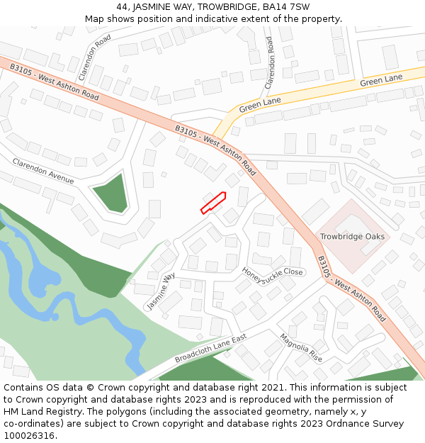 44, JASMINE WAY, TROWBRIDGE, BA14 7SW: Location map and indicative extent of plot