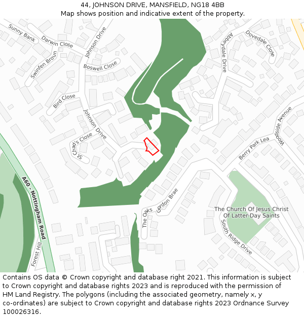 44, JOHNSON DRIVE, MANSFIELD, NG18 4BB: Location map and indicative extent of plot