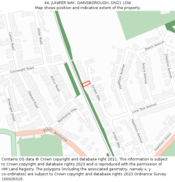 44, JUNIPER WAY, GAINSBOROUGH, DN21 1GW: Location map and indicative extent of plot