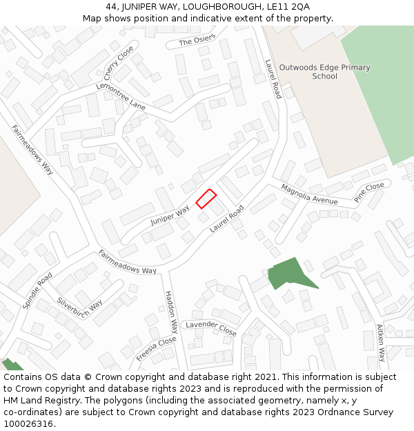 44, JUNIPER WAY, LOUGHBOROUGH, LE11 2QA: Location map and indicative extent of plot