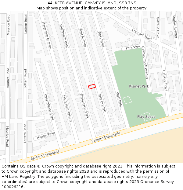 44, KEER AVENUE, CANVEY ISLAND, SS8 7NS: Location map and indicative extent of plot