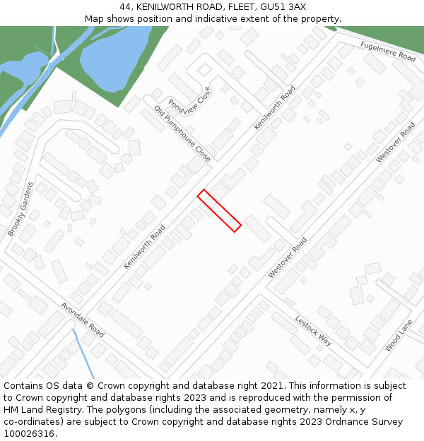 44, KENILWORTH ROAD, FLEET, GU51 3AX: Location map and indicative extent of plot