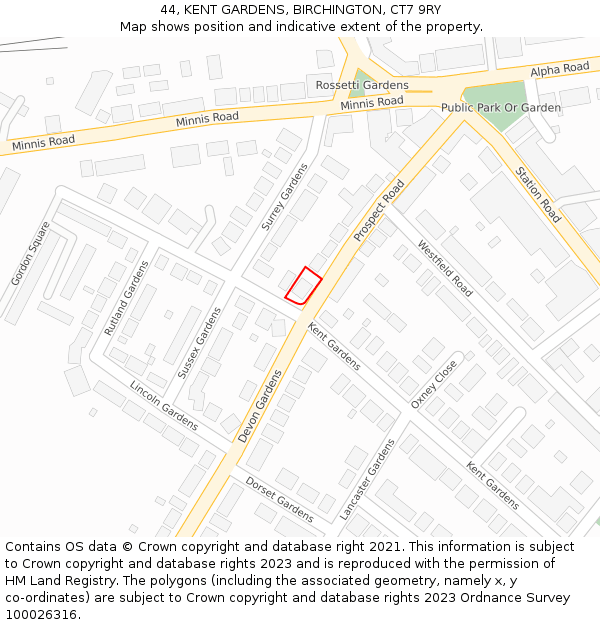 44, KENT GARDENS, BIRCHINGTON, CT7 9RY: Location map and indicative extent of plot