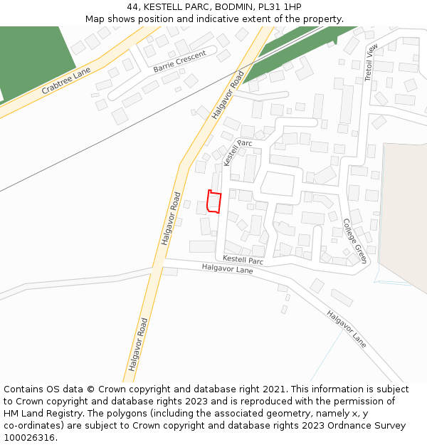 44, KESTELL PARC, BODMIN, PL31 1HP: Location map and indicative extent of plot