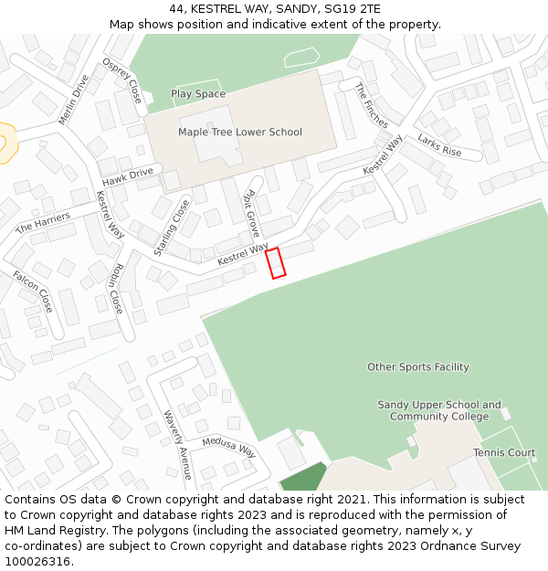 44, KESTREL WAY, SANDY, SG19 2TE: Location map and indicative extent of plot