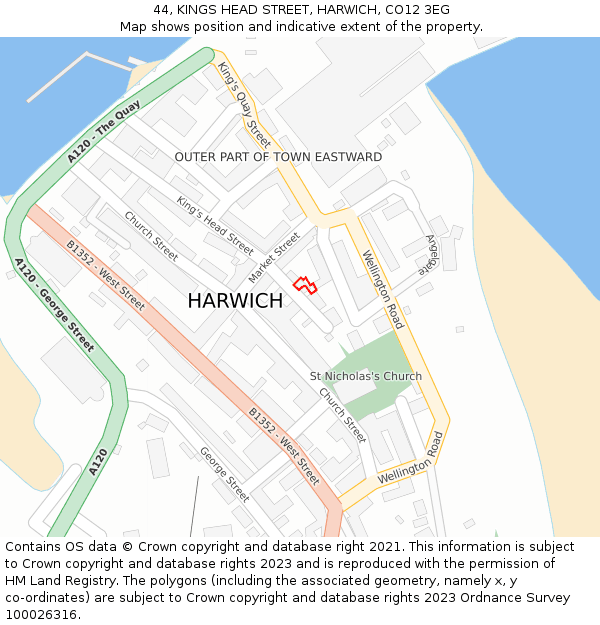 44, KINGS HEAD STREET, HARWICH, CO12 3EG: Location map and indicative extent of plot