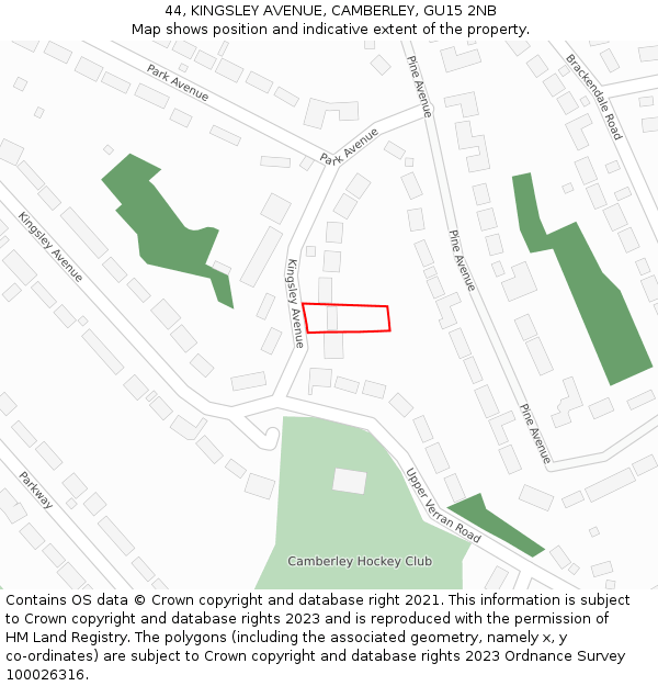 44, KINGSLEY AVENUE, CAMBERLEY, GU15 2NB: Location map and indicative extent of plot
