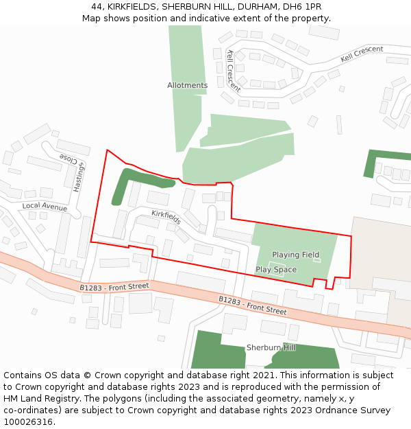 44, KIRKFIELDS, SHERBURN HILL, DURHAM, DH6 1PR: Location map and indicative extent of plot