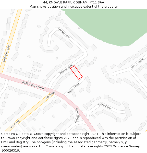 44, KNOWLE PARK, COBHAM, KT11 3AA: Location map and indicative extent of plot