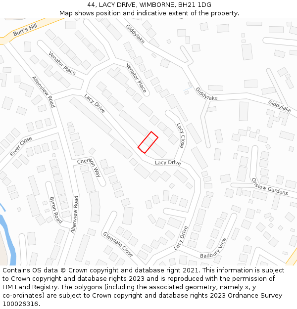 44, LACY DRIVE, WIMBORNE, BH21 1DG: Location map and indicative extent of plot